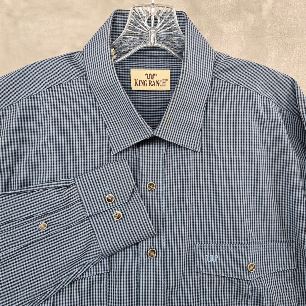 King Ranch Button Down Shirt Mens XL Blue Gingham Plaid Long Sleeve Western